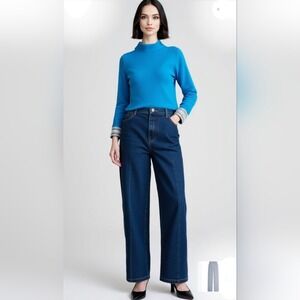 Jigsaw Turquoise Mock Neck Knit Sweater Statement Cuff Accents Long Sleeves SZ M